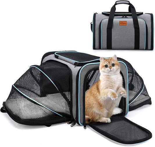 Expandable Pet Carrier,Airline Approved Soft-Sided Cat Dog Travel Bag with Hard Shell Base, Blue Trim, Removable Fleece Pad for Small Pets (Gray)