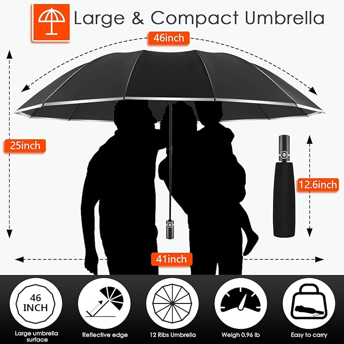 Bodyguard Inverted Umbrella - Large Windproof for Rain & Sun, Compact Reverse With Reflective Stripe, Teflon-Coated for Women Men, Travel Folding With Cover Bag