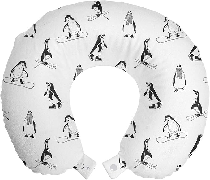 Ambesonne Penguin Travel Pillow Neck Rest, Skiing Penguins on Snowboards Winter Sports Themed Pattern Animal Bird with Scarf, Memory Foam Traveling Accessory for Airplane and Car, 12", White and Black