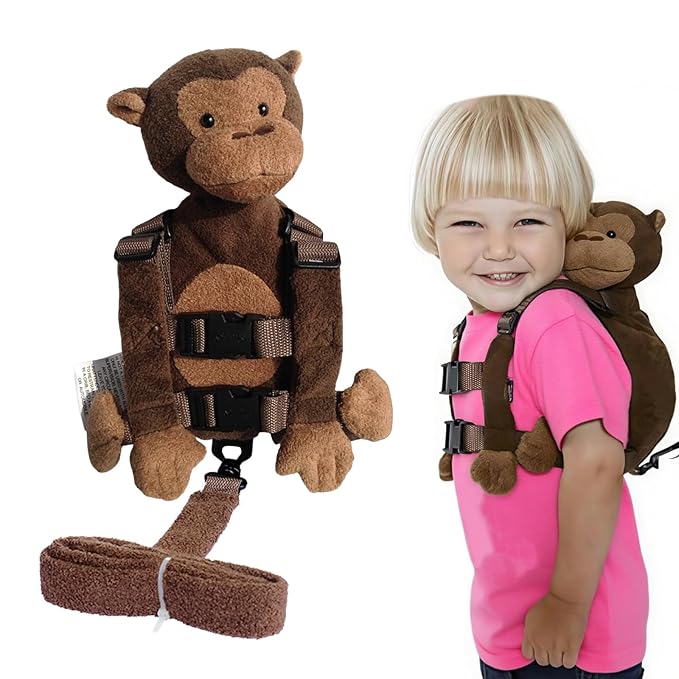 Monkey 2-in-1 Toddler Safety Harness Backpack with Leash - Adjustable Anti-Lost Walking Strap for Ages 3+, Child Safety Harness with Cute Backpack for Boys Girls, Indoor Outdoor Travel (Brown)