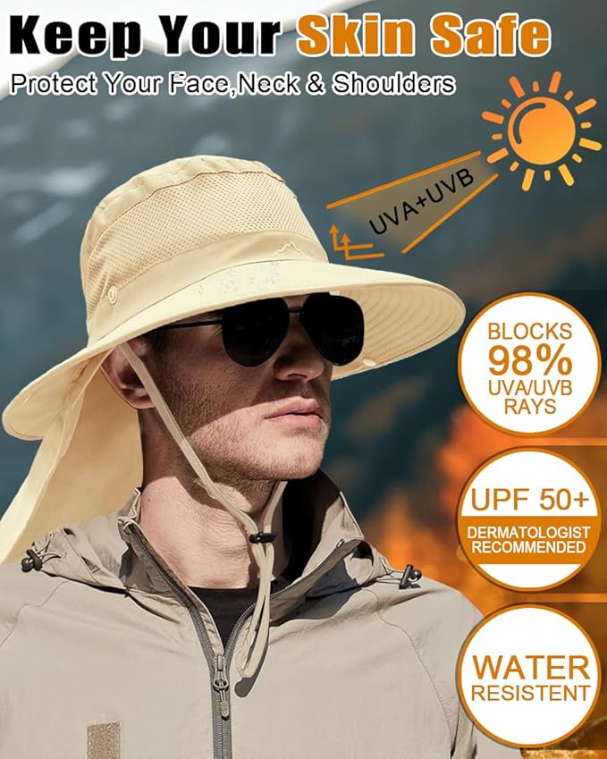 Outdoor Sun Hats with Stowable Neck Flap for Men Women UPF 50+ Mesh Summer Bucket Hat Wide Brim for Fishing Safari Hiking