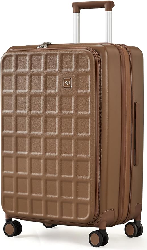 aji Expandable Top Opening 24 Inch Checked Luggage with Spinner Wheels, Large Suitcase with TSA Lock, Hard Shell Travel luggage Suitcases for Men Women, for 12+Days Travel, Chocolate Brown