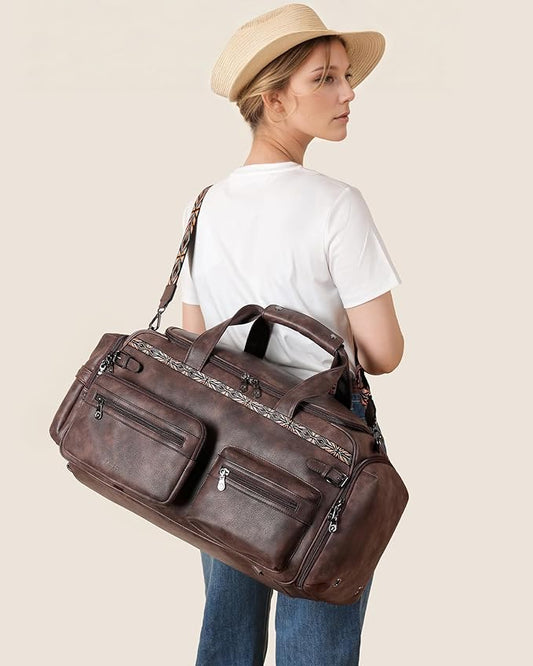 FADEON Duffle Bag for Women, Large Convertible Carry on Overnight Backpack, Designer Leather Mens Weekend Bags for Travel