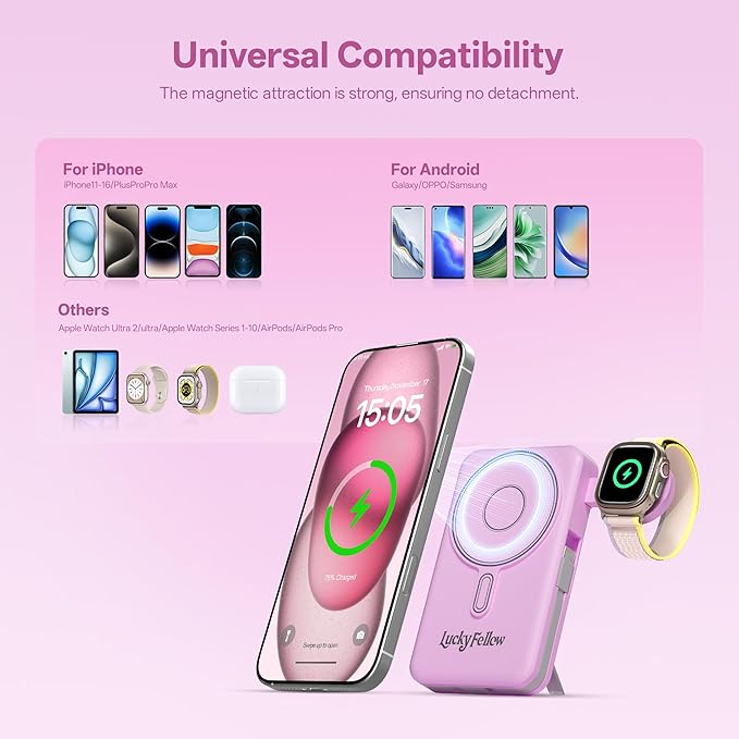 Magnetic Portable Charger Built-in Cables,10000mAh Fast Charging Wireless Charger Station External Battery Pack Slim Pocket Size Power Bank with Stand Compatible with iWatch, iPhone and Android Phones