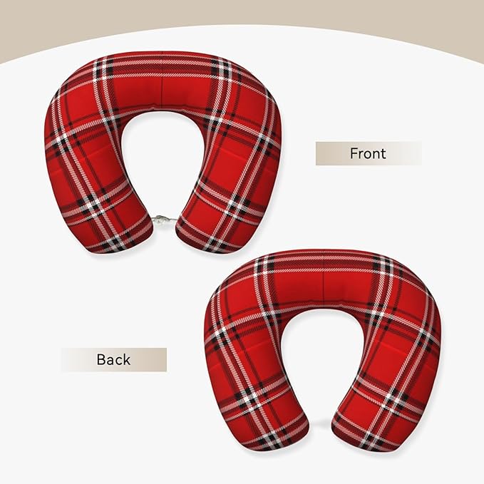 Neck Travel Pillow, Breathable Memory Foam Chin & Head Support Cushion Red Tartan Plaid Pattern for Airplane Car Sleeping Rest