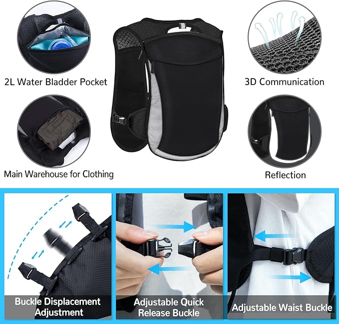 Hydration Backpack with 2L Water Bladder, Lightweight Running Vest for Women Men, Adjustable Straps, Multi-Pocket Water backpack, Breathable Running Vest for Hiking, Cycling, Climbing, Camping, Biking