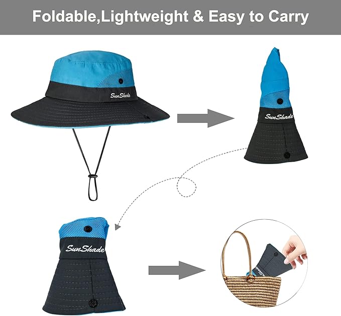 Women's Outdoor UV-Protection-Foldable Sun-Hats Mesh Wide-Brim Beach Fishing Hat with Ponytail-Hole