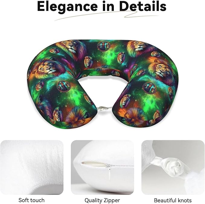 Neck Pillows for Travel Green Galaxy Lion, Women and Men Airplane Car Pillow, Neck Support U Shaped Pillow for Rest Pain Relief Sleeping