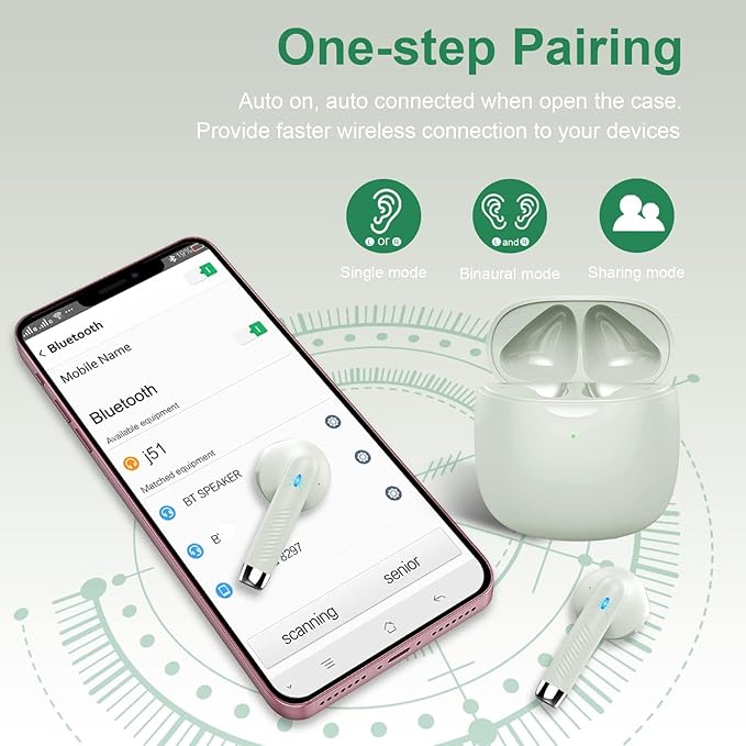 Wireless Earbuds, Bluetooth 5.4 Earbuds Stereo Bass, Bluetooth Headphones in Ear Noise Cancelling Mic, Earphones IP7 Waterproof Sports, 32H Playtime USB C Charging Case Green Ear Buds for Android iOS