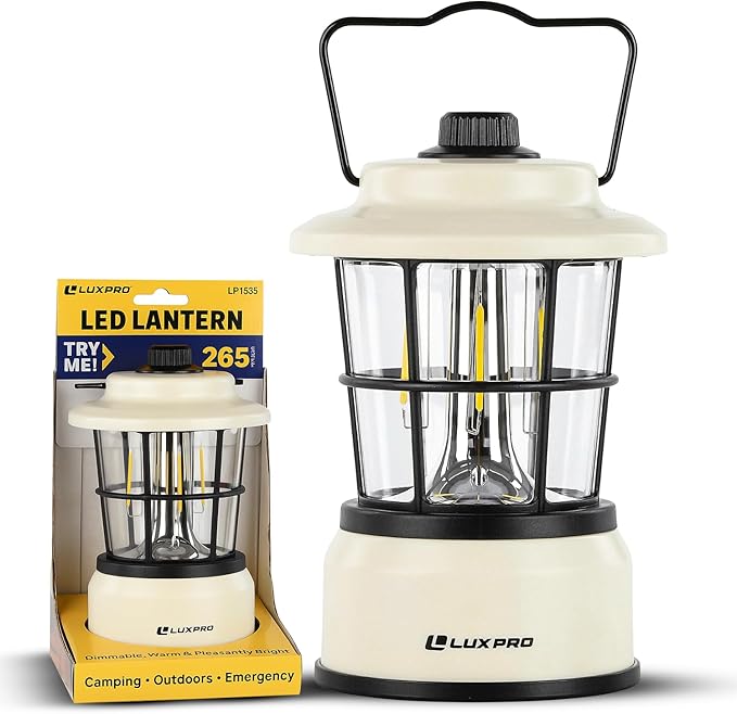 LUXPRO Retro LED Lantern - Battery-Powered Emergency Lantern - Water Resistant - Bright LED Lamp for Indoor & Outdoor Use - Use for Tents, Hiking or Hurricane Prep (Beige, Pack of 1)