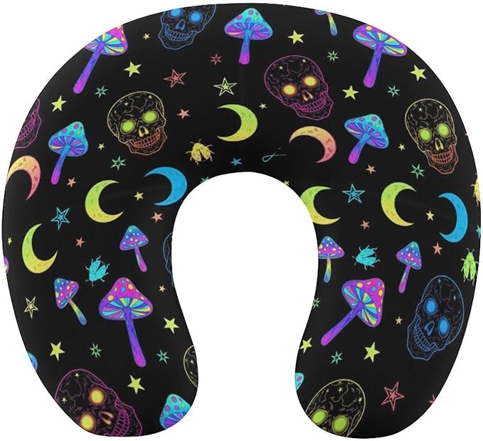 Pain Relief Travel Pillow Memory Foam Chin Support Goth Moon Mushrooms and Human Skulls, Breathable Washable Cover for Airplane Car Office