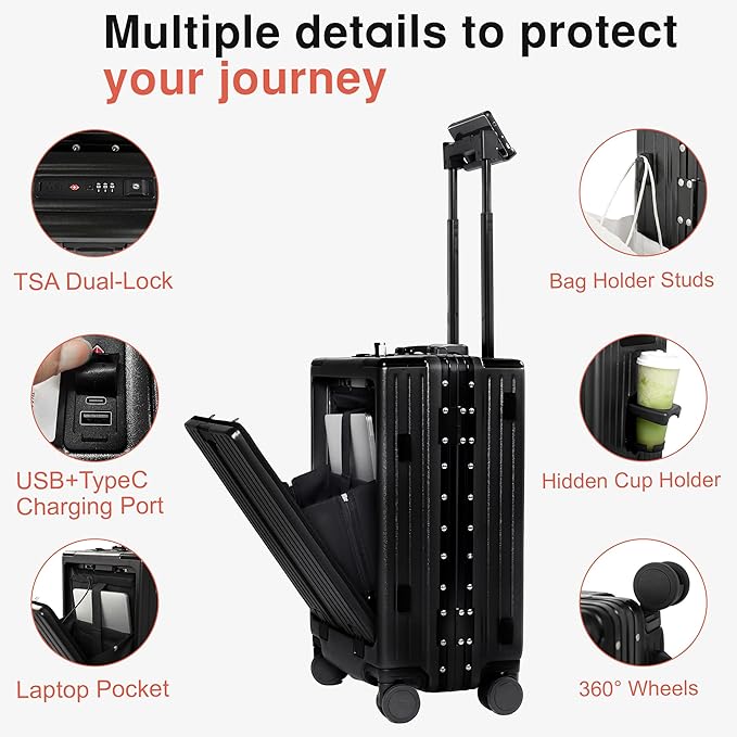 Carry On Luggage 20 Inch, Aluminum Frame Zipperless Luggage, ABS+PC Hard Shell Suitcases, Carry On with Compartment for Short Trips, Suitcase Carry-on TSA Approved (Black)