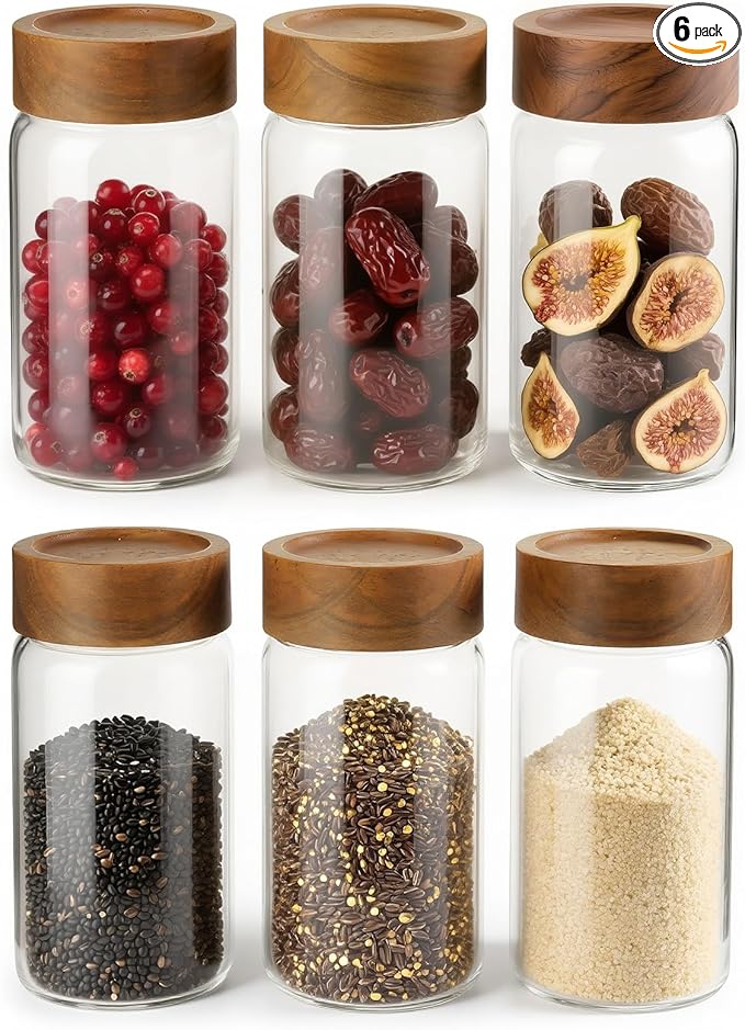 Zoaiirte 6-Pack 10 oz Airtight Food-Grade Glass Mason Jars with Acacia Wood Lids - Sealable, Waterproof & Stackable Canister Set for Overnight Oats, Dry Goods, Baking Supplies & Pantry Organization
