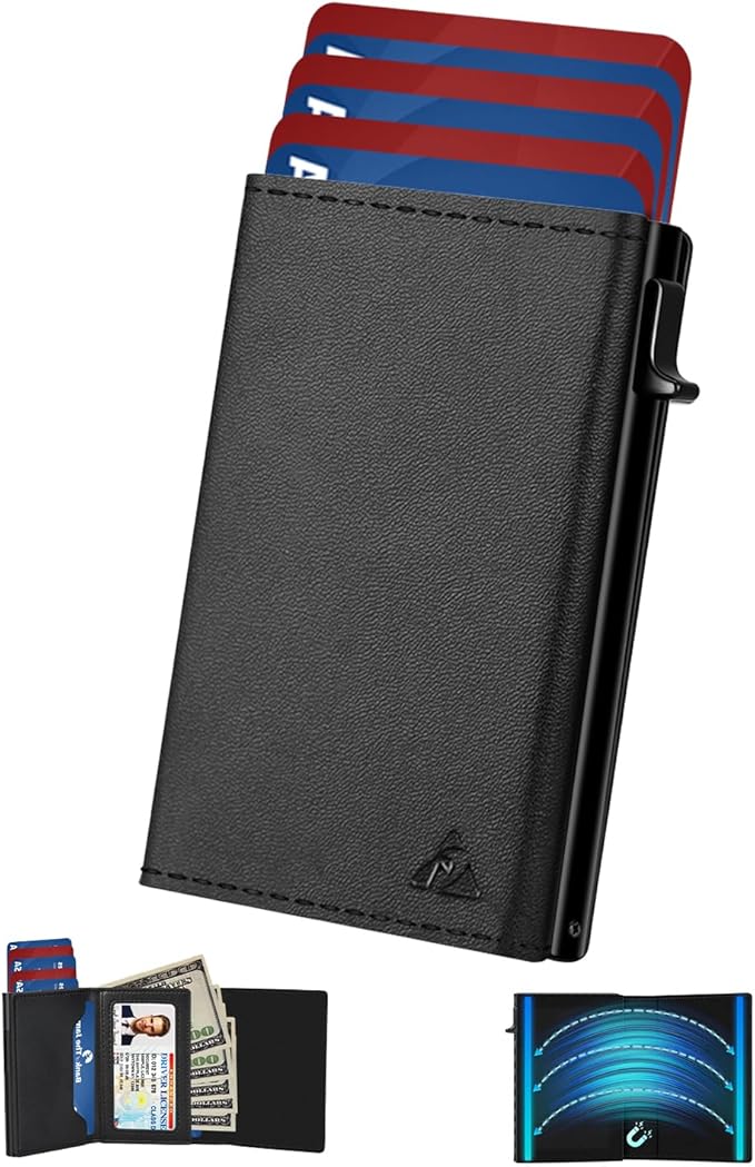 Mens Wallet Card Holder - Pop Up Aluminum Case, Premium Flexible Microfiber Leather, Smart Wallet for Men, RFID Blocking, Slim, Minimalist, Front Pocket - 9-14 Card Capacity | ID Window | Cash Slot