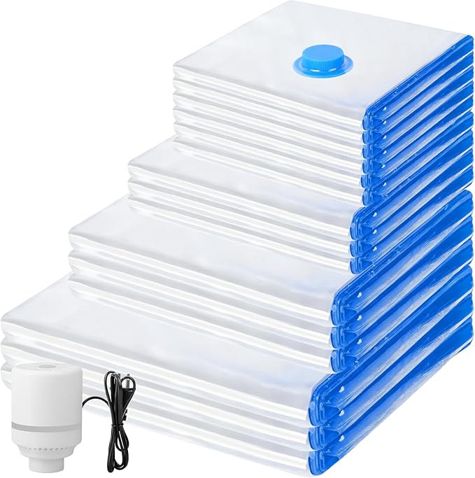 15 Pack Vacuum Storage Bags with Electric Pump, 3Jumbo/ 3Large/ 3Medium/ 3Small/ 3Roll Compression Space Saver Vacuum Seal Bags for Clothing Travel Luggage Comforters Blankets Pillows Bedding