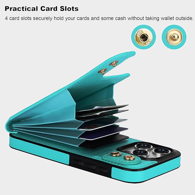 Folosu Compatible with iPhone 15 Pro Case Wallet with Card Holder, 360°Rotation Finger Ring Holder Kickstand, RFID Blocking Leather Protective Double Buttons Shockproof Cover 6.1 Inch Green