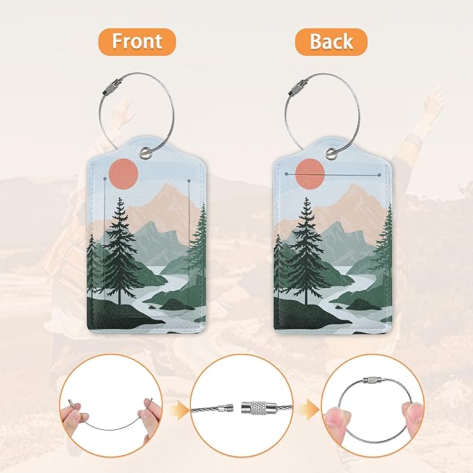 3 Pcs Luggage Tag for Suitcases,Mountain and Tree Sunset Landscape Leather Baggage Tags Identifiers for Travel,Privacy Protection Travel Bag Labels Suitcase Tags for Women Men