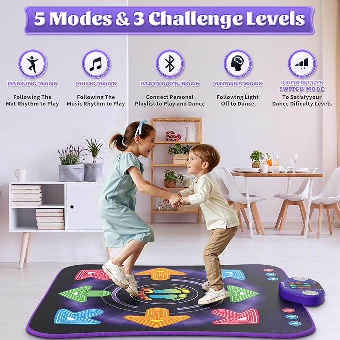 Dance Mat Toys for 3-12 Year Old Kids, Kids Dance Mat with Light-up 8-Button Wireless Bluetooth, Dance Pad Toy with 5 Game Modes, Christmas Birthday Toys Gifts for 3 4 5 6 7 8 9 10+ Year Old Girls