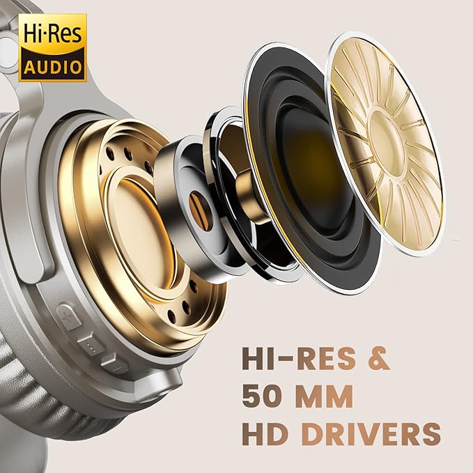 OneOdio Bluetooth Over Ear Headphones, 110 Hrs Wireless/Wired Stereo Sound Foldable Headsets with Deep Bass 50mm Neodymium Drivers for PC/Phone/Tablet - Studio Wireless Pro C, Champagne Gold