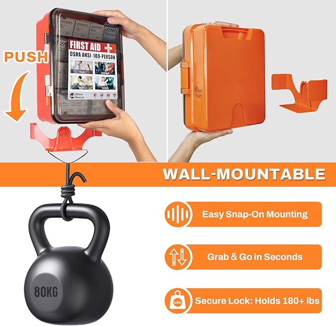 RHINO RESCUE First Aid Kit for Business - Plastic Wall Mounted First Aid Box, Hard Case Emergency Kit for Home, Office, Workshop, Restaurant (Orange)