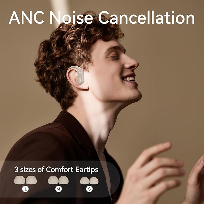 occiam Active Noise Cancelling Wireless Earbuds Bluetooth Headphones Ear Buds 96Hrs Playback Clear Call Waterproof Earphones with Ear Hook Microphones for Sport Running (Off-White Standard)