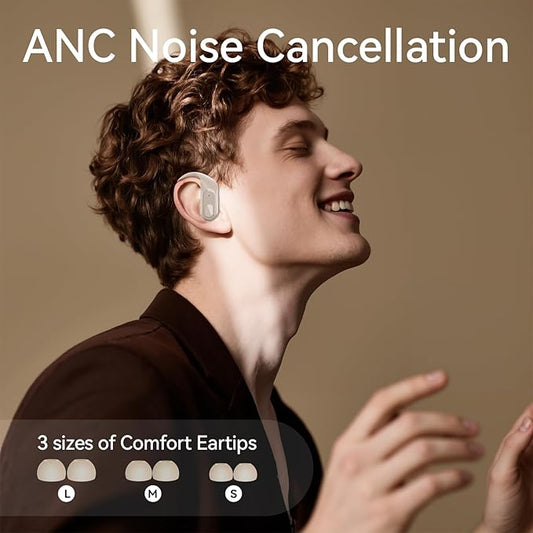 occiam Active Noise Cancelling Wireless Earbuds Bluetooth Headphones Ear Buds 96Hrs Playback Clear Call Waterproof Earphones with Ear Hook Microphones for Sport Running (Off-White Standard)