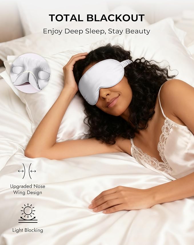 SilkSilky 100% 22 Momme Mulberry Silk Sleep Mask – Upgraded 3D Contoured Eye Mask with Nose Wing Pads & Adjustable Strap, Luxury Blackout Eye Cover for Women & Men (Light Gray)