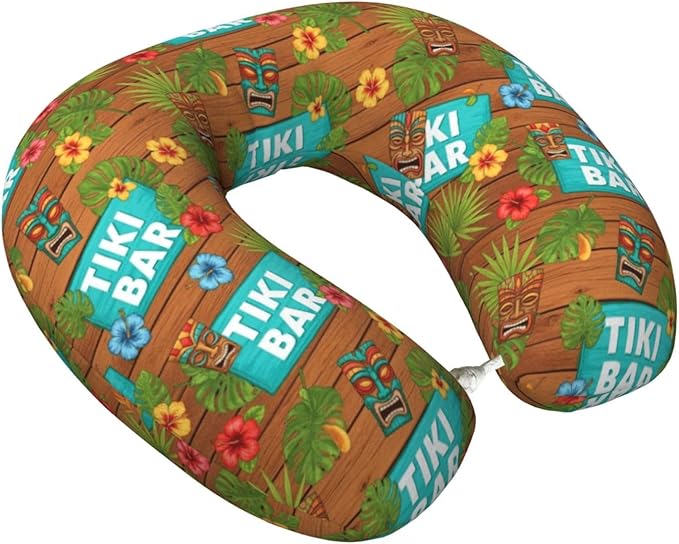Memory Foam Airplane Pillow Summer Tiki Bar for Car Chin Head Neck Supporting, U Shape Pillows Travel Cushion for Office, Nap Sleeping