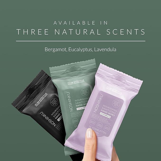 Noshinku Eucalyptus Hand Sanitizer Wipes, 3-Pack (45 Towelettes) – Resealable Travel Wipes with Ethyl Alcohol, Aloe & Green Tea, Plant-Based Fiber, Essential Oil Scents, Cruelty-Free & No Dyes