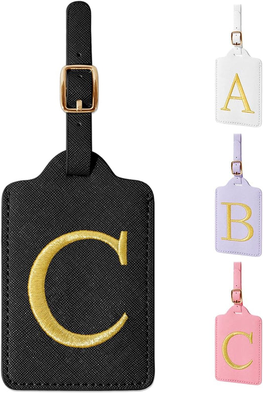 Personalized Initial Luggage Tags for Suitcase TSA Approved, Black Leather Cute Luggage Tag with Privacy Cover Name Card, Embroidered Custom Luggage Tags Travel Backpack Tags Gifts for Women Kids(C)