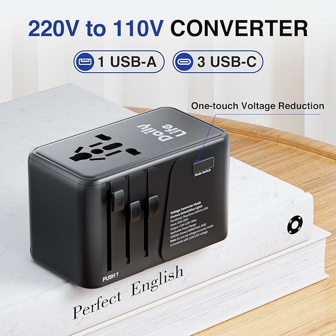 DAILYLIFE 220V to 110V Converter, Travel Adapter US to Europe - Power Converter Adapter Combo with 3 USB C and 1 USB A for US/UK/EU/AU, (1 Pack) - Black