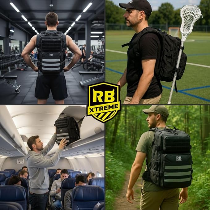 Xtreme 30L Tactical Backpack – Carry On Travel and Gym Daypack with 16 inch Laptop Sleeve, Stick Holder, Double Bottle Pockets, Recycled Fabric Shell, Rain Cover (Black)