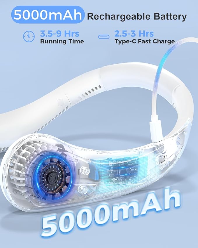 Portable Bladeless Neck Fan, 5000mAh Rechargeable Battery, 3 Speeds, Workout Essential, 360°Airflow, Twistable, Personal Wearable Neck Fan for Sports Outdoor Indoor, Gifts for Man Woman Family