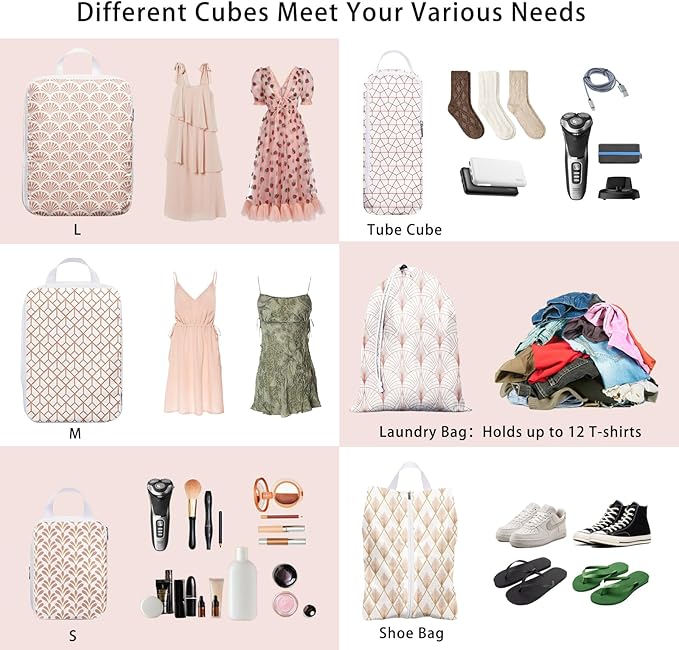 6 Pcs Compression Packing Cubes, Packing Cubes for Travel, Waterproof Luggage Organizer Bags Set, Cute Packaging Cubes for Women Kids Backpack Carry-Ons