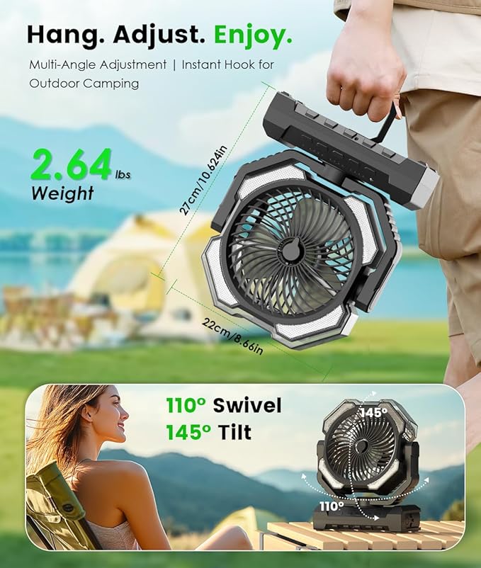 Misting Fan - Portable Battery Powered Fans with 9oz Water Tank, Light, Hook - Rechargeable, 120H Cooling, Last 5H Mist, 4 Speed, Sleep Mode - Outdoor Fan, for Camping, Travel Essentials