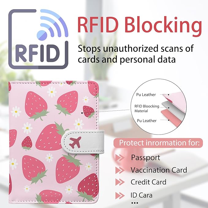 Passport Holder, Travel Wallet Cover with Pen Loop | Cute RFID Blocking Leather Case with Magnetic Closure for Travel Essentials-Strawberry