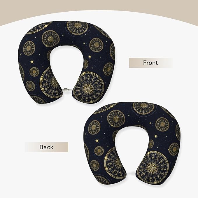 Travel Pillow Chin Neck Support, Comfortable Airplane Car Pillows for Rest, Memory Foam U Shaped Office Home Nap Sleeping Cushion Norse Gold Viking Vegvisir Runic Compass