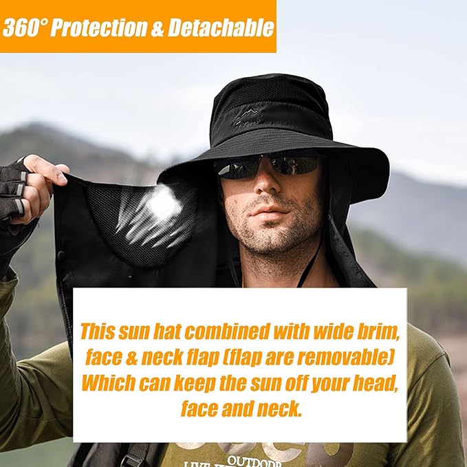 Fishing Hat for Men & Women, Outdoor UV Sun Protection Wide Brim Hat with Face Cover & Neck Flap