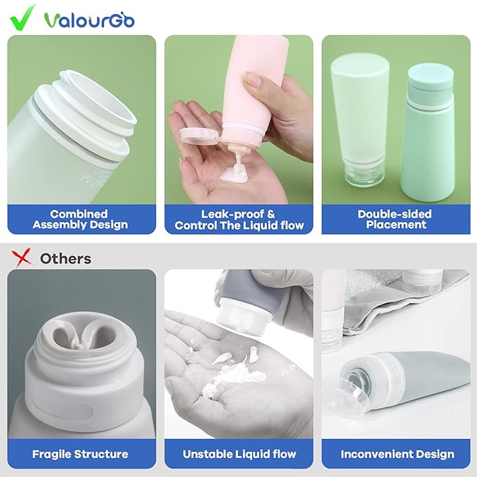 Valourgo Travel Bottles for Toiletries Tsa Approved Travel Size Containers BPA Free Leak Proof Travel Tubes Refillable Liquid Travel Accessories for Cosmetic Shampoo and Lotion Soap for travel, 4Pcs