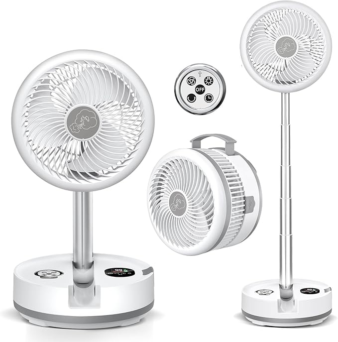 10 inch Portable Fan-Battery Operated Fan, Oscillating Rechargeable Fan with 40000mAh, Remote Control LED Lights, 114HR Run Time, Outdoor Portable Foldable Fan for Camping＆travel (White)