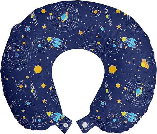 Ambesonne Space Travel Pillow Neck Rest, Galaxy Shooting Stars Planets Spaceship Comet Moon Fantasy, Memory Foam Traveling Accessory for Airplane and Car, 12", Orange Blue