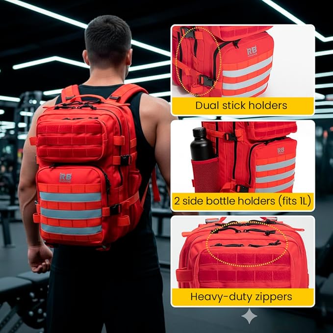 Xtreme 30L Tactical Backpack – Carry On Travel and Gym Daypack with 16 inch Laptop Sleeve, Stick Holder, Double Bottle Pockets, Recycled Fabric Shell, Rain Cover (Red)