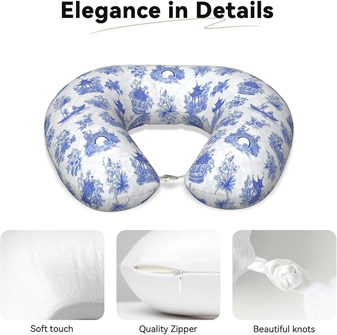 Travel Neck Pillows for Sleeping Rest Car Airplanes Chinese Style Powder Blue Chinoiserie Toile, Memory Foam with Removable Breathable Zipper Cover Washable for Men Women