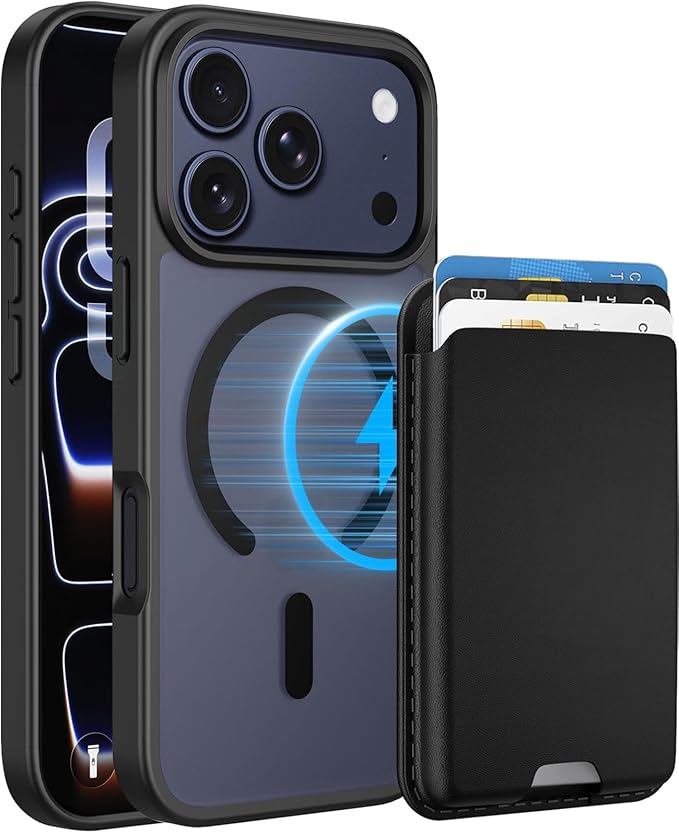 Ntwinro Magnetic for iPhone 17 Pro Case (Compatible with MagSafe) with Detachable Wallet & Card Holder for 3 Cards [RFID Blocking] Military Grade Protective Slim Phone Cover, Black