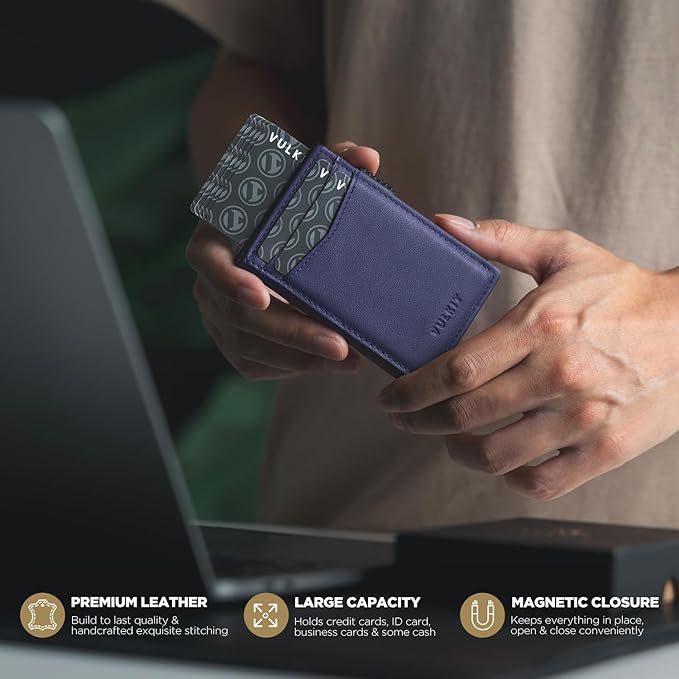 VULKIT Men's Wallet with ID Window Top Grain Leather RFID Blocking Minimalist Wallet Pop Up Card Holder Magnetic Closure