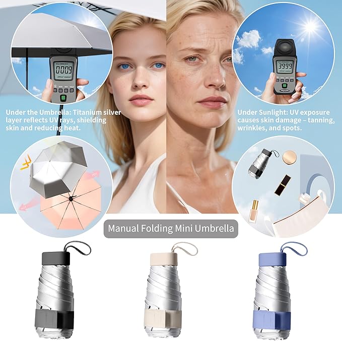 Compact Mini Windproof Travel Umbrella-UPF 50+ Sun & Rain Protection, Small Folding Design Fits in Pocket or Purse, Lightweight Portable with Case for Women, Men & Kids