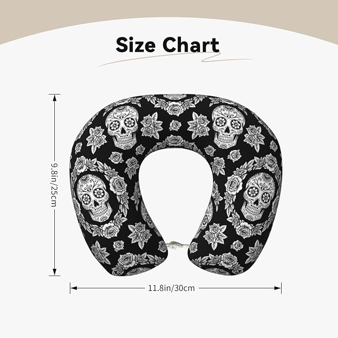 Travel Neck Pillows for Sleeping Rest Car Airplanes Black and White Floral Day of The Dead Mexican Sugar Skulls, Memory Foam with Removable Breathable Zipper Cover Washable for Men Women