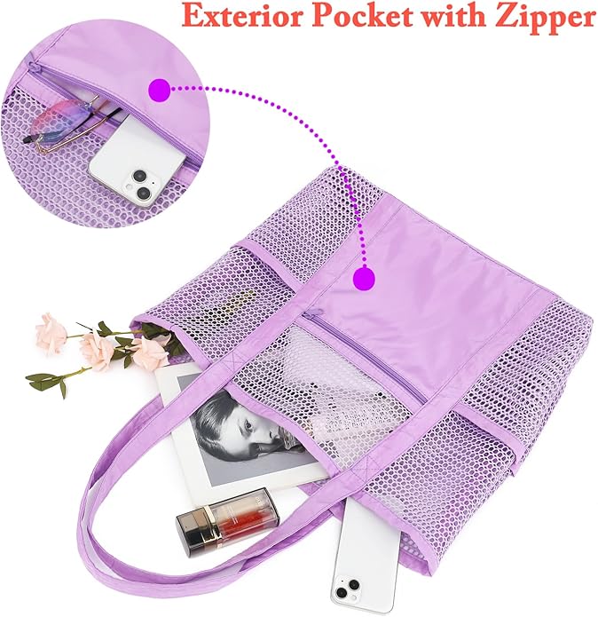 Mesh Beach Bag for Women, Casual Hobo Bags Large Beach Tote for Pool Travel Cruise Vacation Essentials