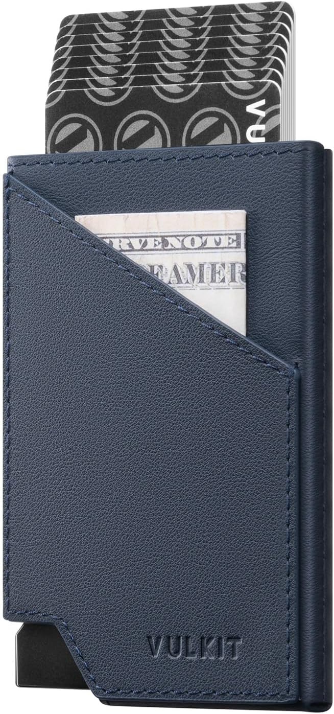 VULKIT Pop up Card Wallet Top-Grain Genuine Leather RFID Blocking Slim Aluminum Metal Bank Card Holder Case with Business Money Pocket for Credit Cards Notes and Coins Navy