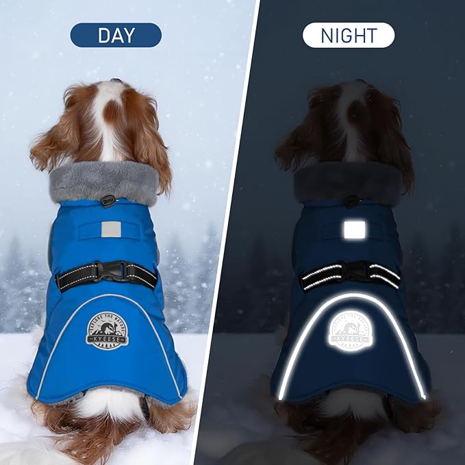 KYEESE Waterproof Dog Coat, Warm Windproof Jacket, Turtleneck Winter Dog Coats for Small Dogs with Leash Hole, Reflective Pet Clothes & Outdoor Apparel, Thick Fleece-Lined Winter Jacket, Blue, Large